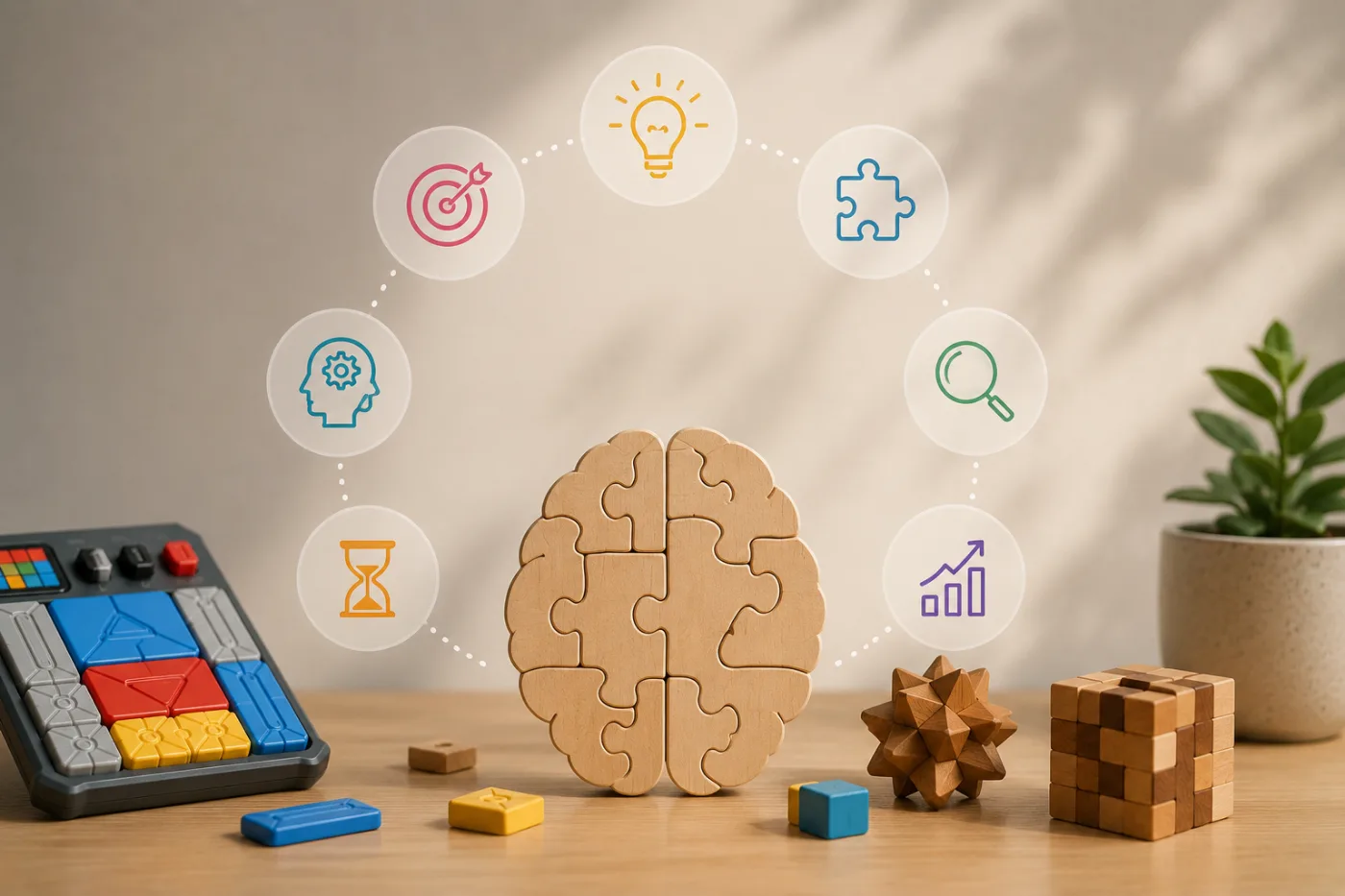 Puzzle-darabokból kirakott faagy, körülötte képességeket jelölő ikonok és logikai játékok